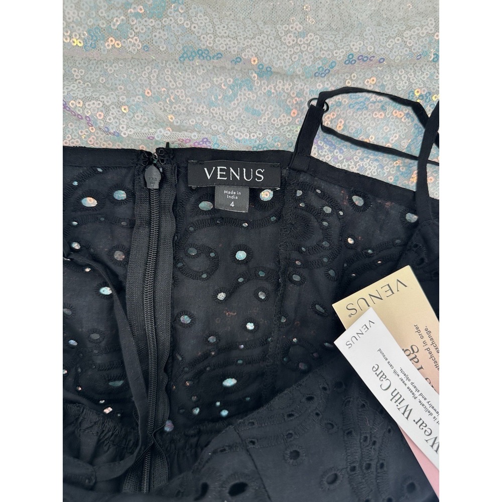 Venus Sz 4 Black Eyelet Sleeveless Lined Midi Dress 100%‎ Cotton Quiet Luxury - Picture 6 of 7